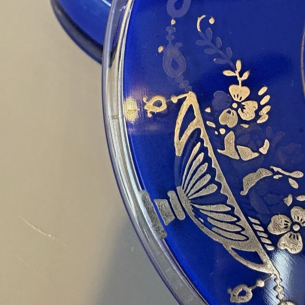 RARE Antique Cobalt Blue Round Glass Box Lidded Silver Accents 1930s Powder Puff